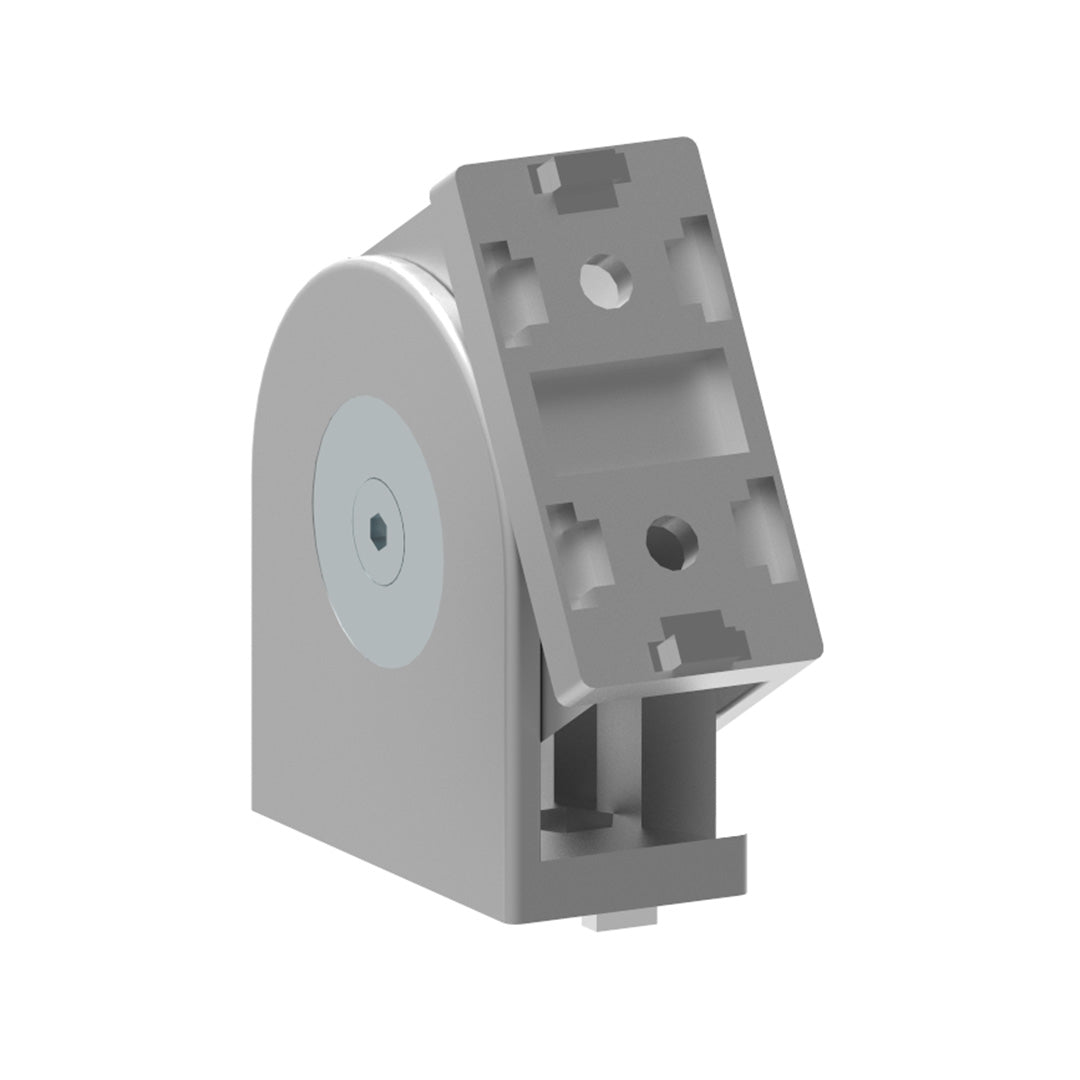 AME System heavy-duty hinge 40x80 in die-cast aluminium, size 100x80x40mm. Supports M8 bolts, rotates 180 degrees, ideal for robust T-slot connections.