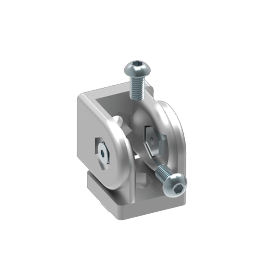 AME System heavy-duty hinge 40x40 in die-cast aluminium, size 60x40x40mm. Supports M8 bolts, rotates 180 degrees, perfect for strong T-slot connections. With bolts.