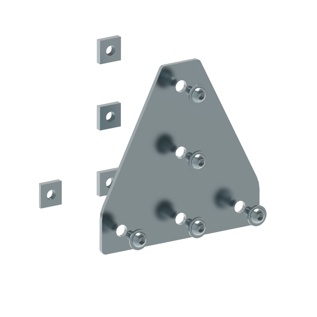 AME System T-slot profile connection bracing steel plate, 120x120mm, 3mm zinc-plated mild steel for reinforced corner connections. With fasteners.