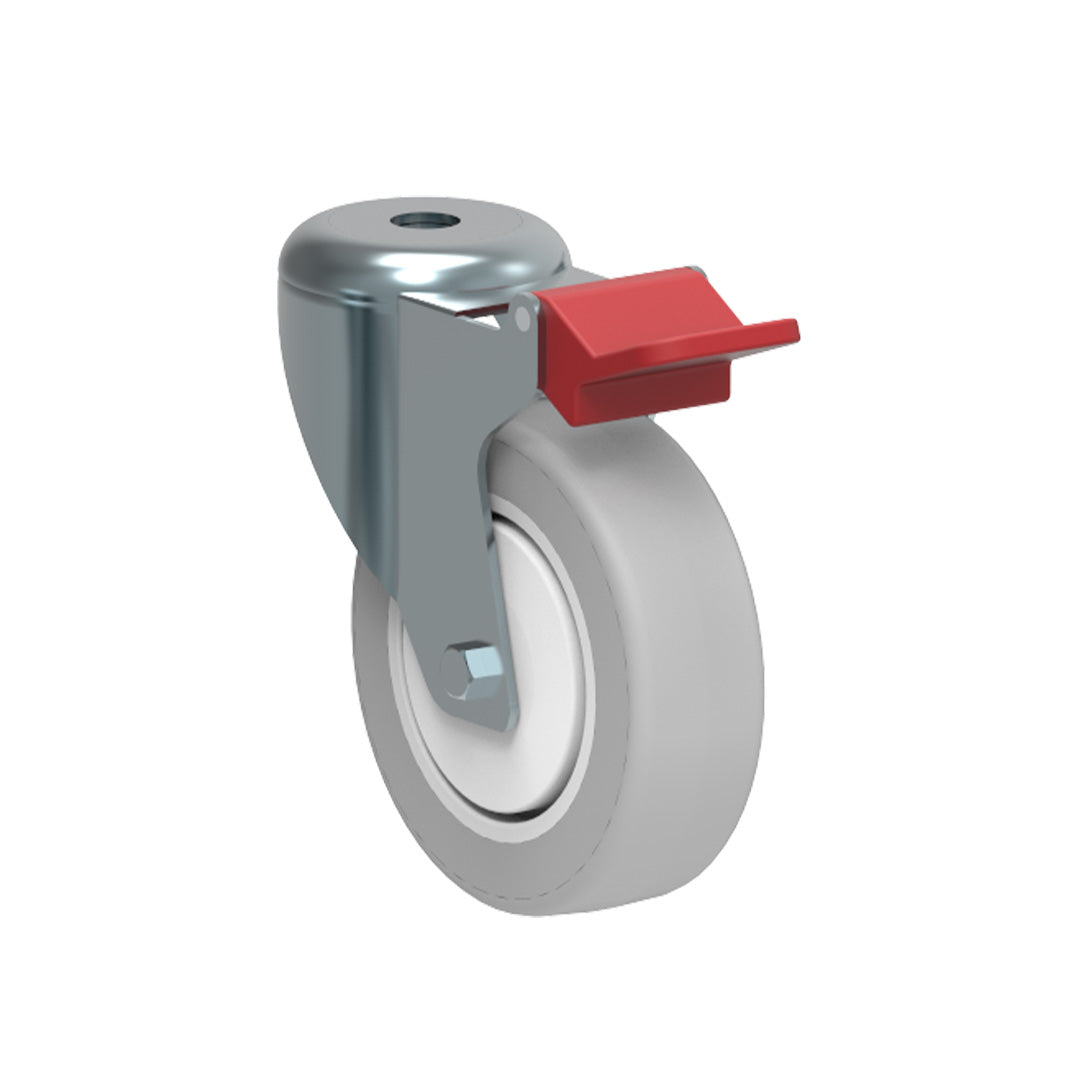 AME System Castor with Ø75mm rubber non-marking wheel for smooth movement. Bolt mounting, load capacity up to 90kg, here shown with brakes.