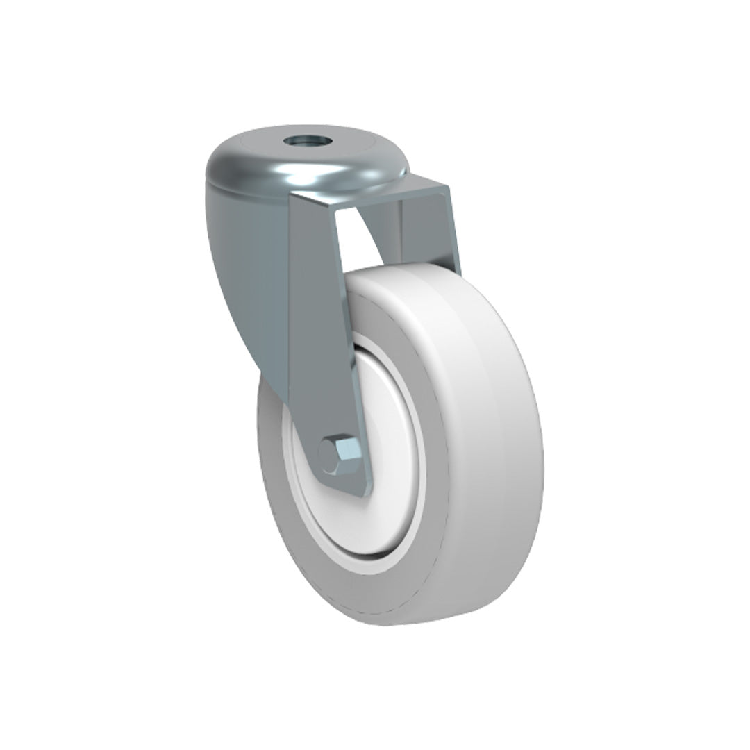 AME System Castor with Ø75mm rubber non-marking wheel for smooth movement. Bolt mounting, load capacity up to 90kg, here shown without brakes.