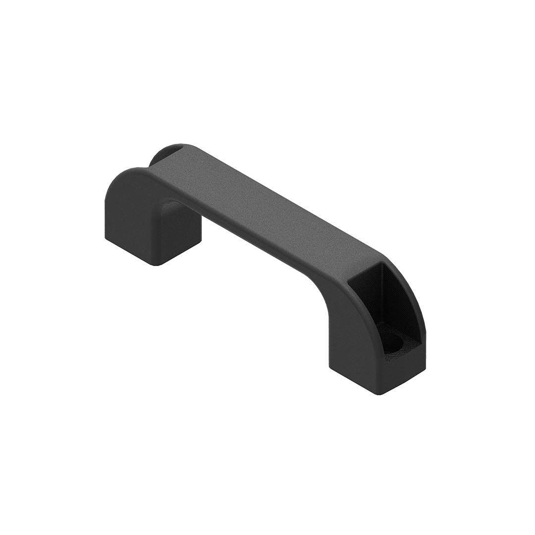 AME System D-Handle in black PVC for T-slot profiles, dimensions 140x40x25mm, suitable for 30 and 40 series, ergonomic grip.