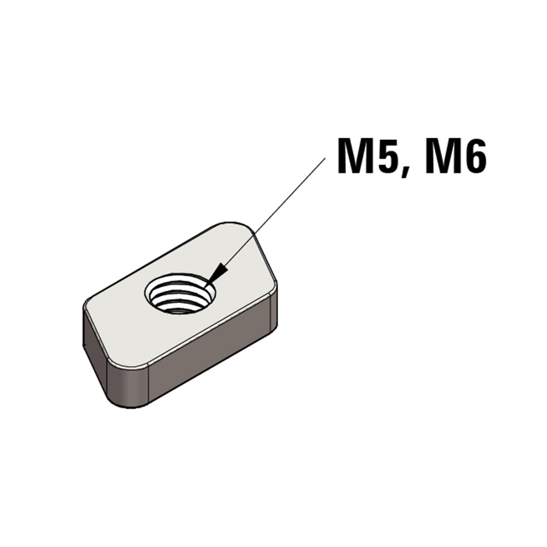 AME System T-Slot Profile M5 Slot Nut, 30 and 40 Series Fastener, drawing of the slot nut with all dimensions 10x10, and 4mm thickness, presenting the M5, M6 whole in the middle