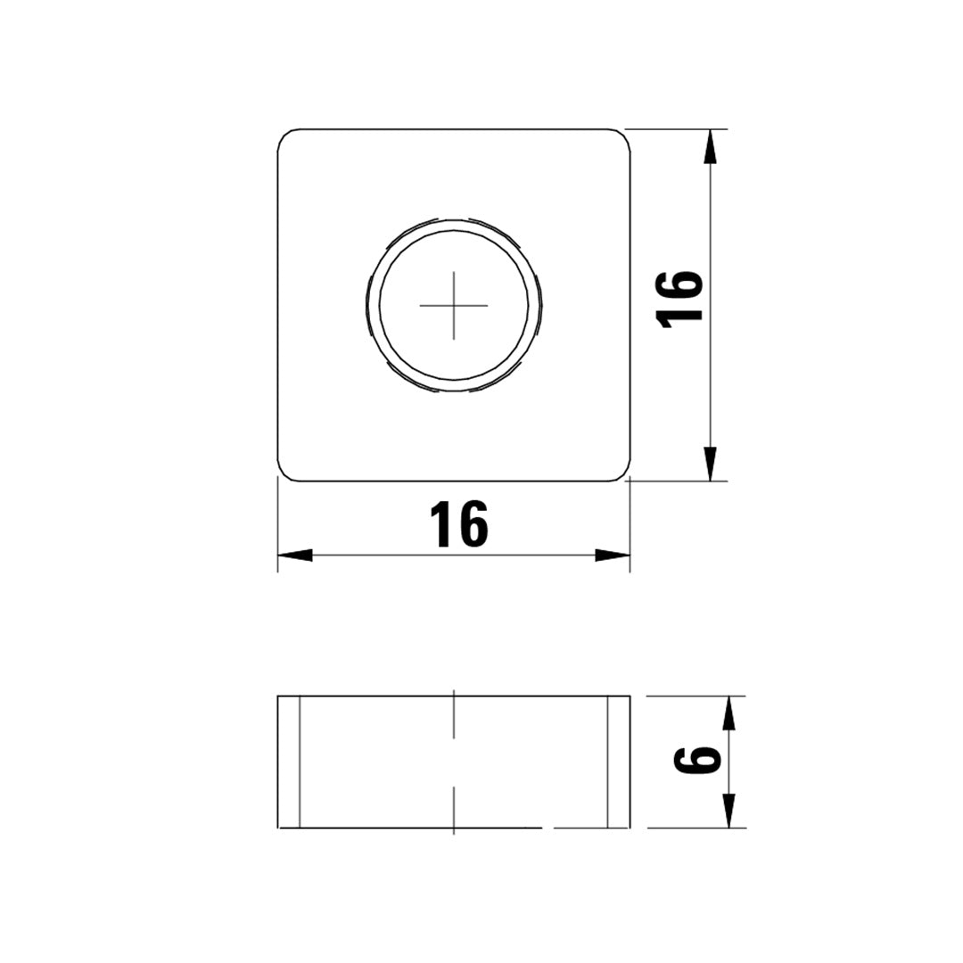 AME System T-Slot Profile M6 Square Nut, used only in 40 Series Profiles, suitable for heavier loads. Showing top view datasheet 16x16mm and 6mm thick