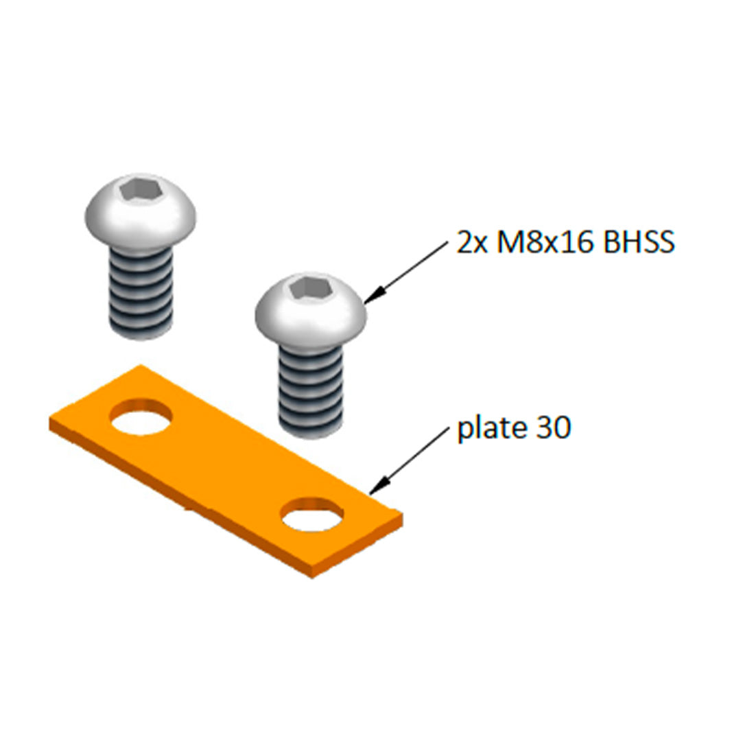 AME System Plate Connector 60mm Joining Fastener for 30 Series T-slot profiles, the image shows the plate with two bolts, and SKU details for each of components