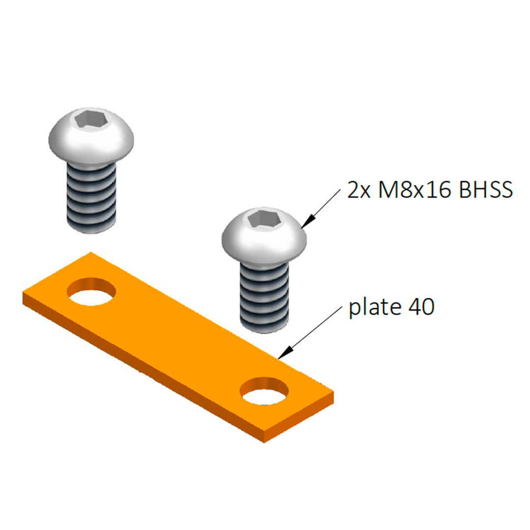 AME System Plate Connector 80mm Joining Fastener for 40 Series T-slot profiles, the image shows the plate with two bolts, presenting SKU for bolts and Plate Series info