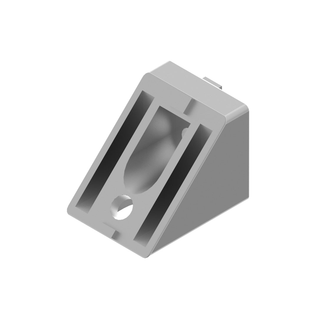 AME System 45-degree angle bracket for 40 series profiles, die cast aluminium, 40x50mm, natural anodised finish, M8 hole size.