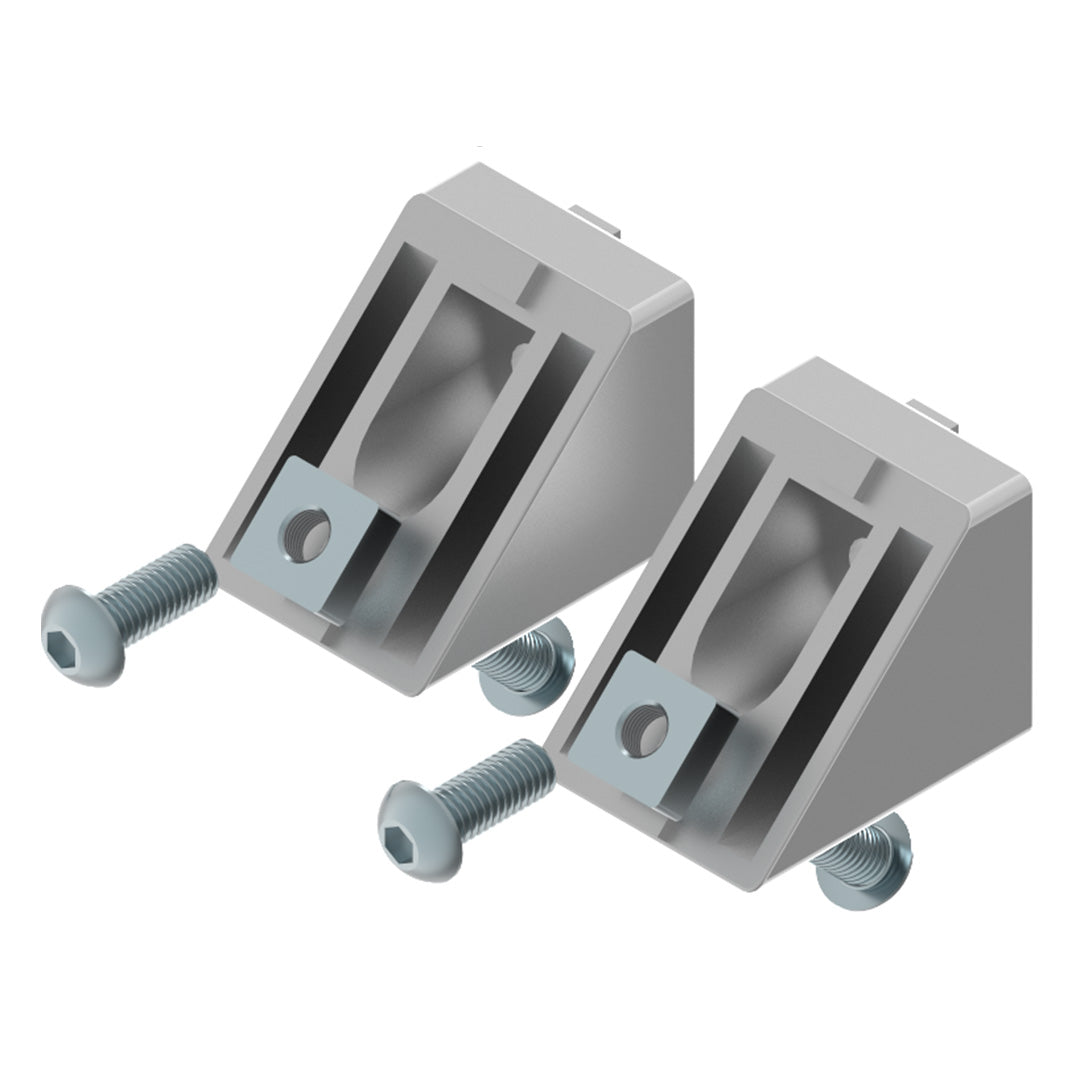 AME System 45-degree angle bracket for 40 series profiles, die cast aluminium, 40x50mm, natural anodised finish, M8 hole size. With fasteners.