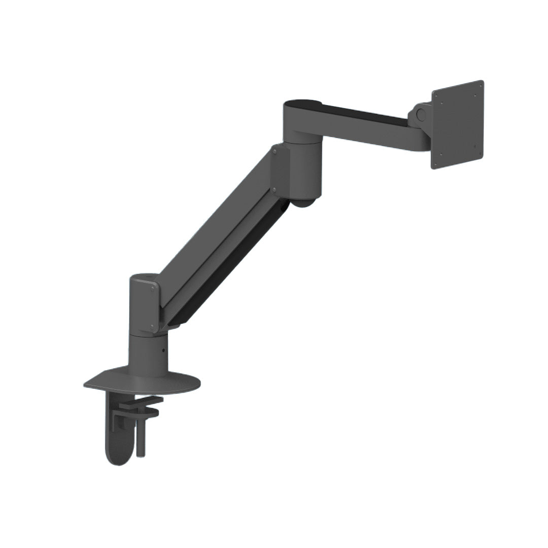 Heavy-duty articulating LCD monitor arm in black, VESA compatible (75x75mm, 100x100mm), supports 2.2-7.7kg, offers full flexibility.