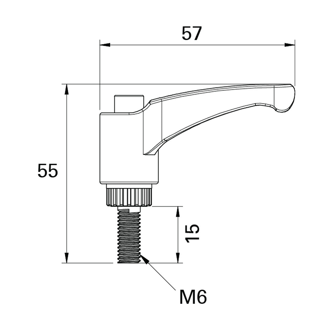 AME System adjustable lever ratchet handle M6x15mm in black, perfect for quick clamping in tight spaces. Toolless adjustment for 30 and 40 series profiles. Durable black technopolymer construction.