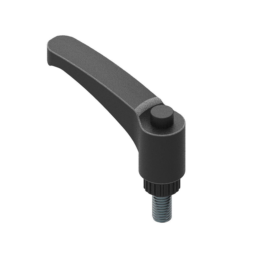 AME System adjustable lever ratchet handle M6x15mm in black, perfect for quick clamping in tight spaces. Toolless adjustment for 30 and 40 series profiles. Durable black technopolymer construction.