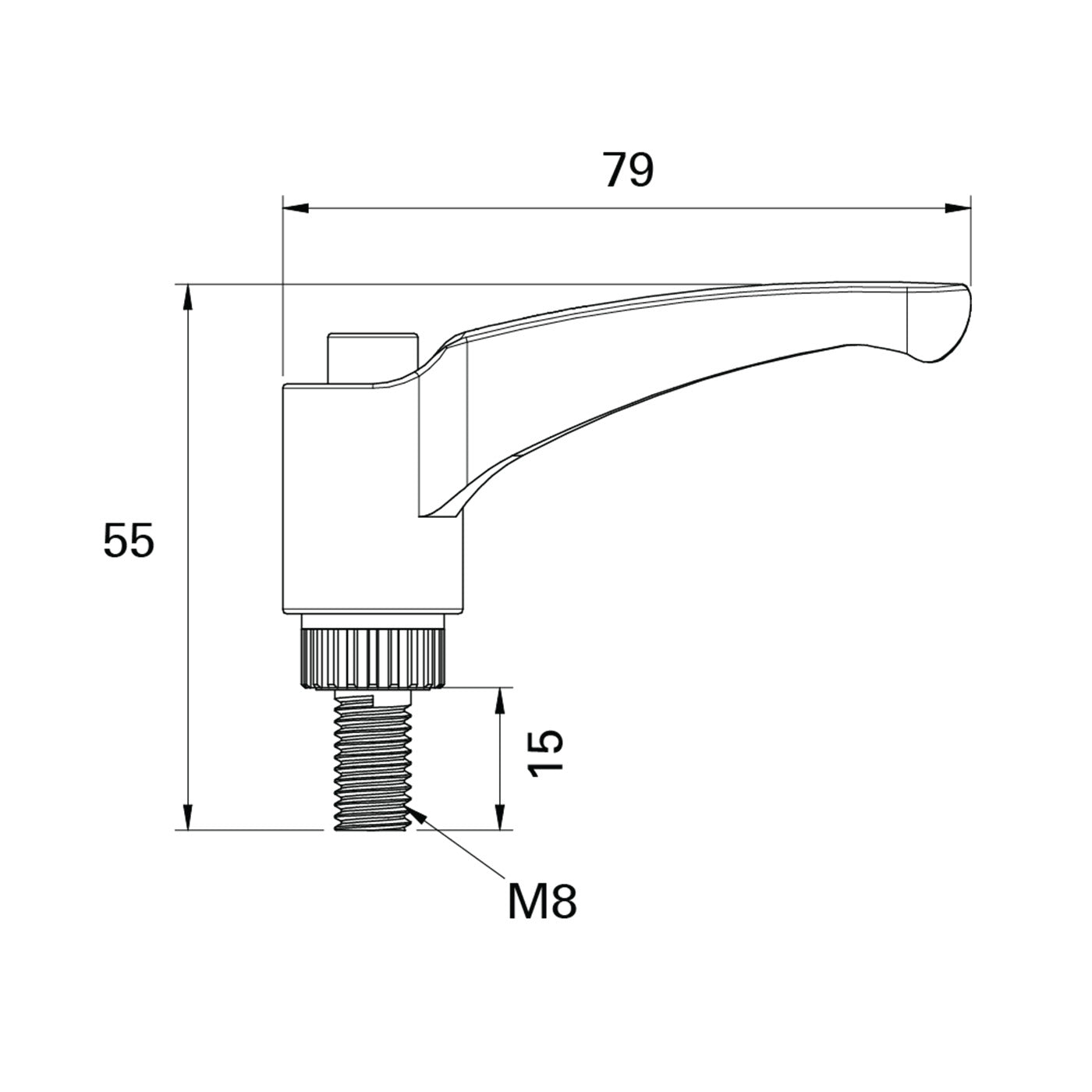 AME System adjustable lever ratchet handle M8x15mm in black, ideal for quick clamping in tight spaces. Toolless adjustment for 30 and 40 series profiles. Datasheet
