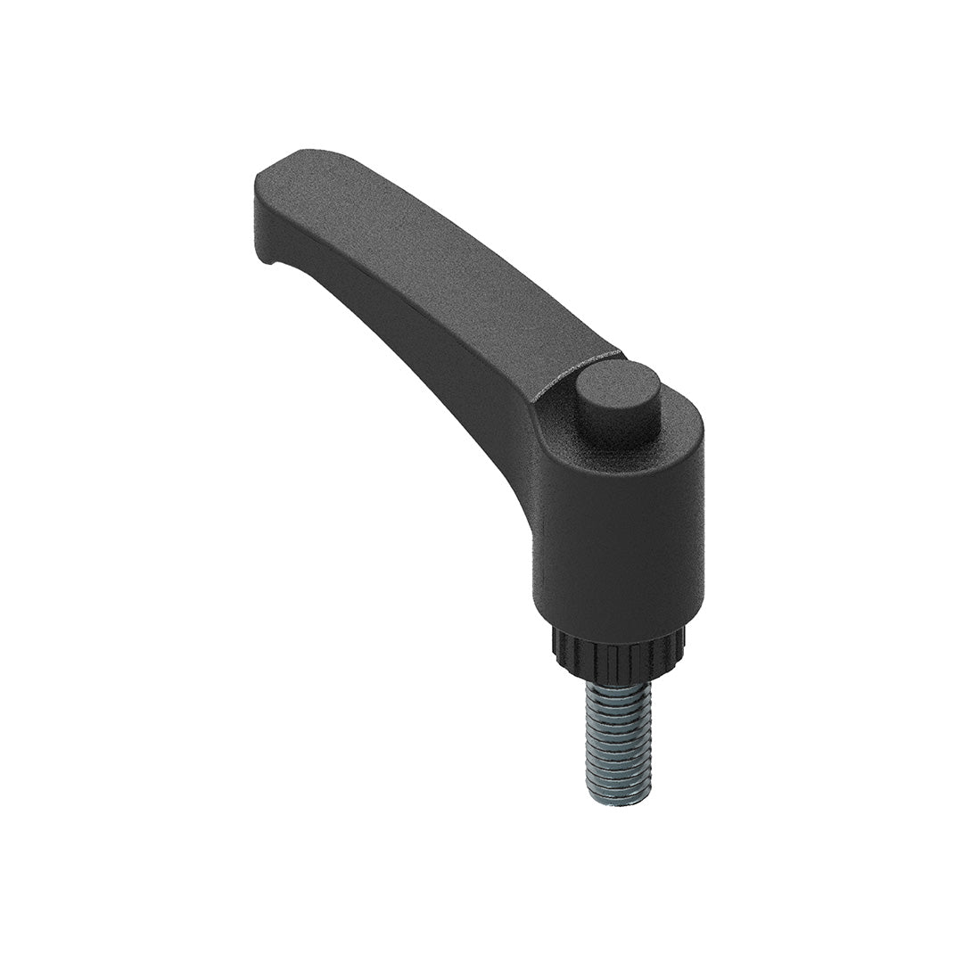 AME System adjustable lever ratchet handle M8x15mm in black, ideal for quick clamping in tight spaces. Toolless adjustment for 30 and 40 series profiles.