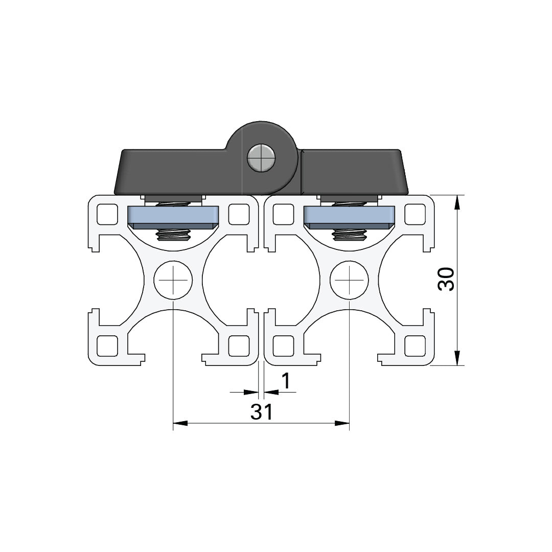 AME System Adjustable Plastic Hinge 30x30 in Black, designed for T-slot profiles series 30, image of the hinge from datasheet with bolts and square washers