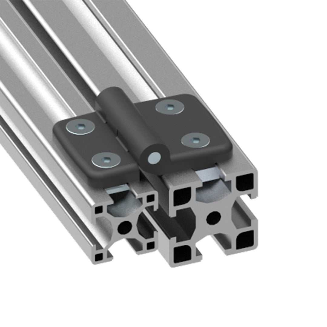 AME System Adjustable Plastic Hinge 30x30 in Black, designed for T-slot profiles series 30, image of the hinge in assembly with aluminium profile