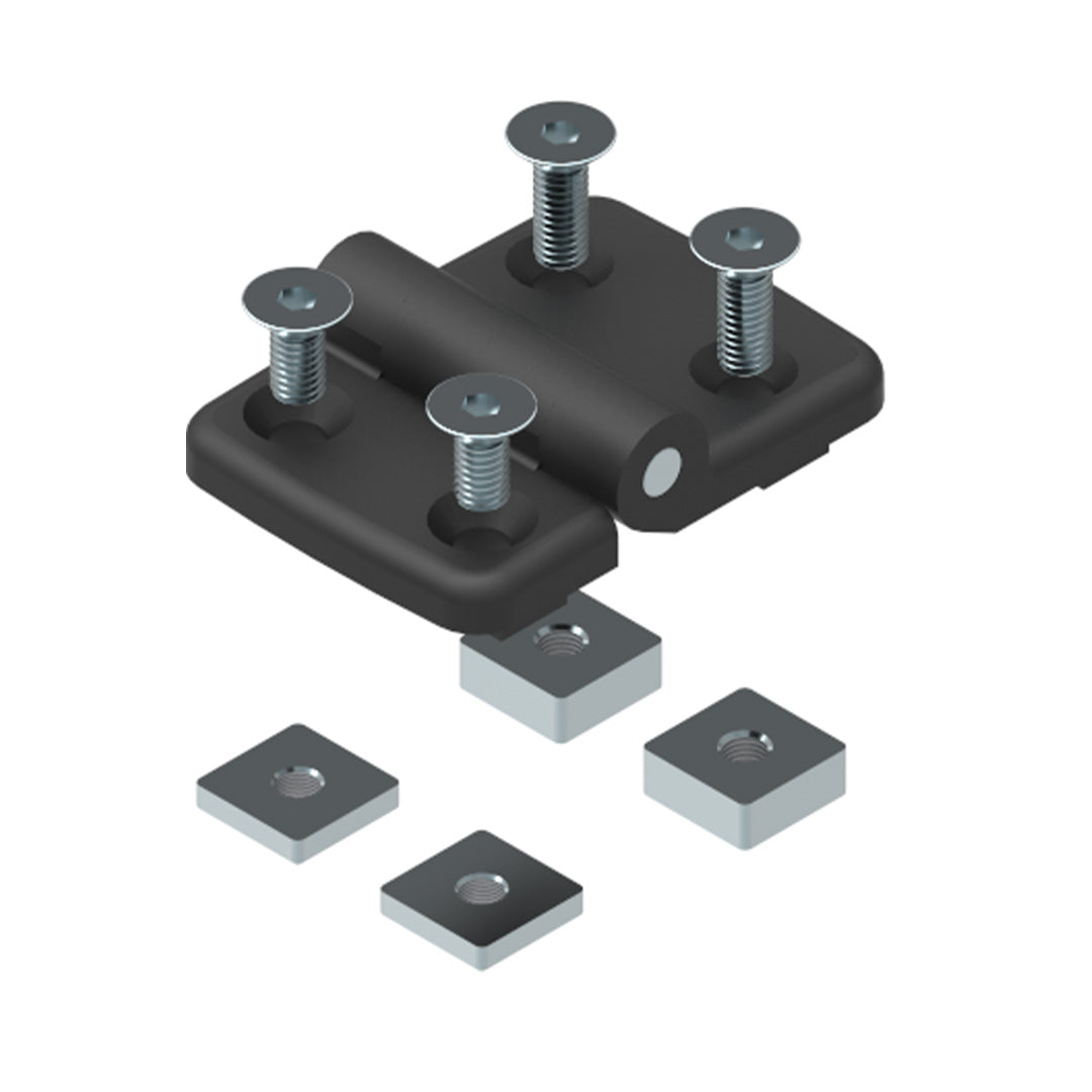 AME System Adjustable Plastic Hinge 30x40 in Black, designed for T-slot profiles series 30 and 40, image of the hinge in assembly with bolts and square washers