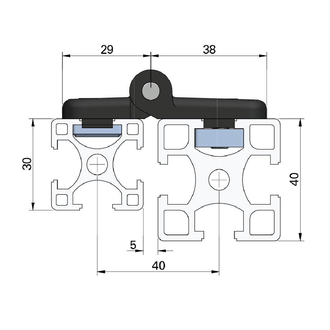 AME System Adjustable Plastic Hinge 30x40 in Black, designed for T-slot profiles series 30 and series 40, image of the hinge in assembly with bolts and square washers presented as datasheet