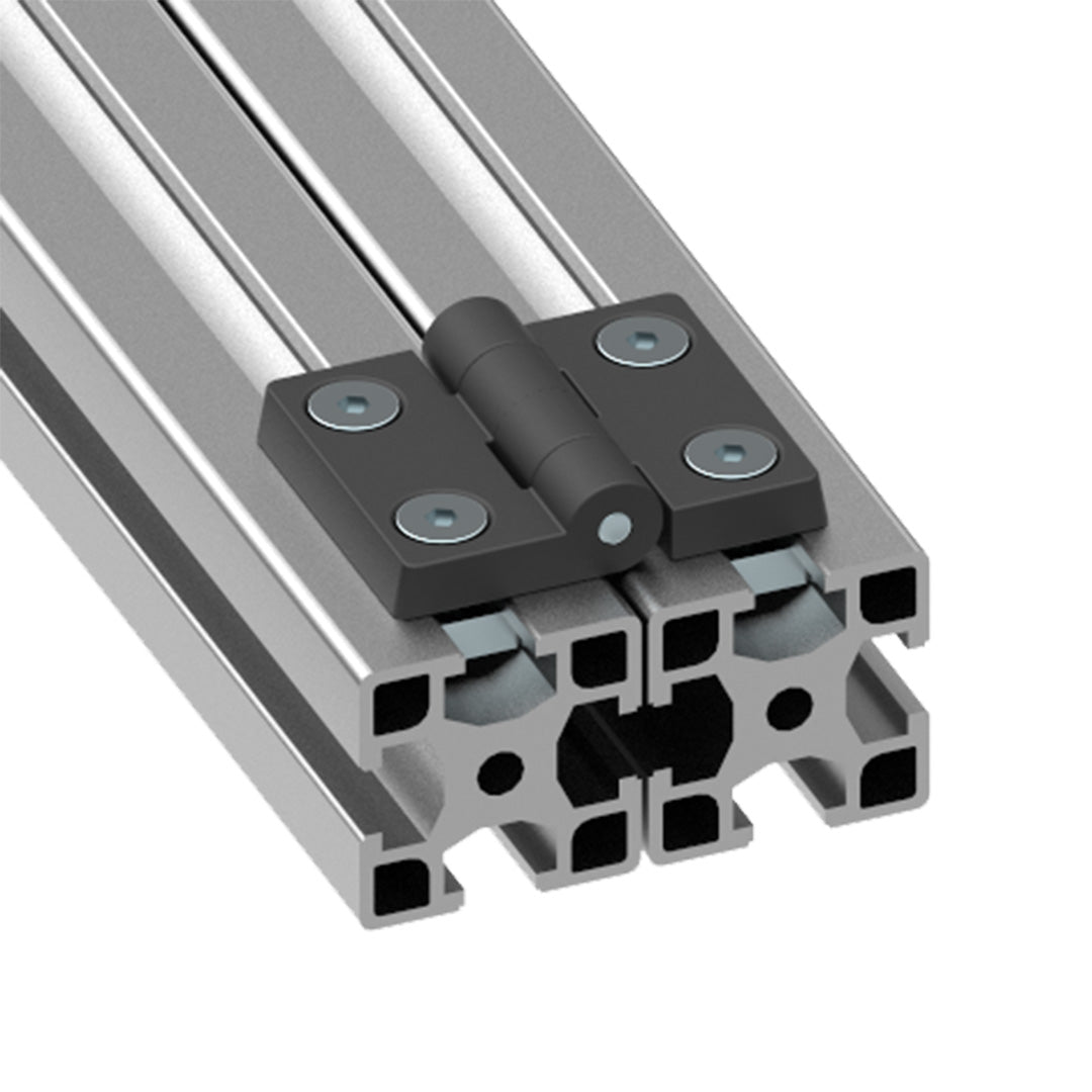 AME System Adjustable Plastic Hinge 40x40 in Black, designed for T-slot profiles series 40, image of the hinge in assembly with bolts and aluminium profiles