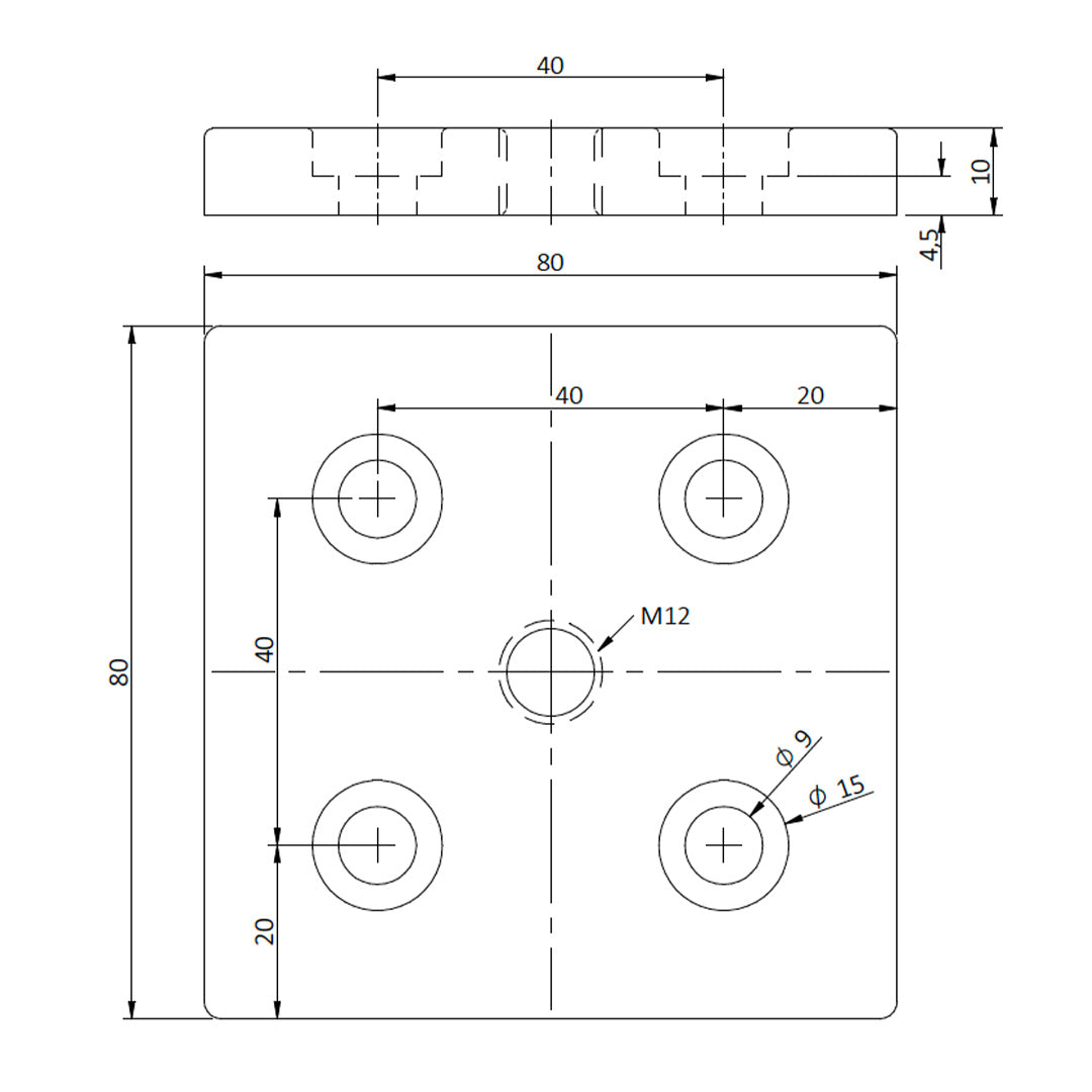 Aluminium Foot Plate 80x80, M12