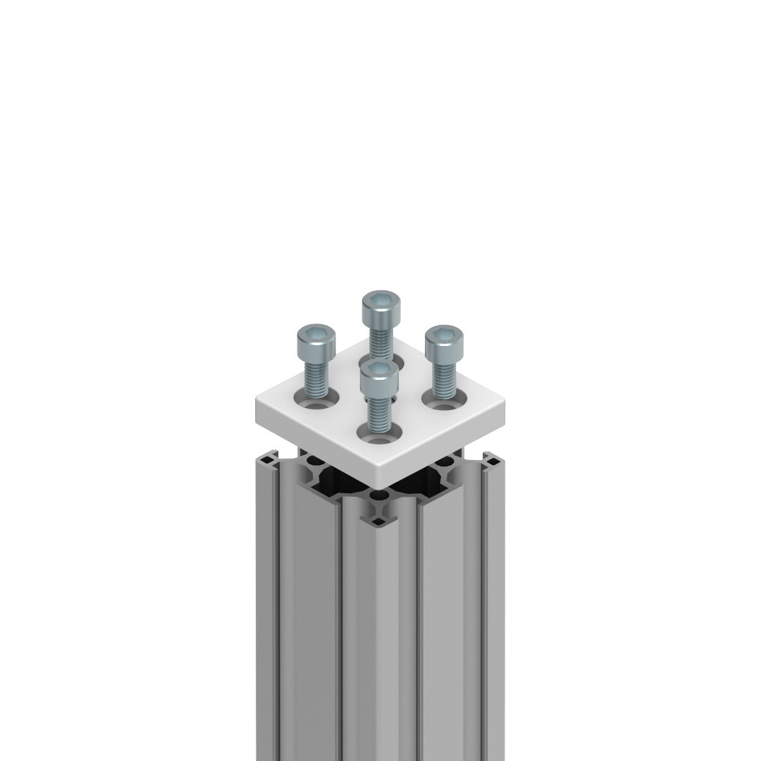 AME System 80x80 aluminium levelling foot and castor base plate with M12 central hole, natural anodised silver finish, M8 mounting holes.