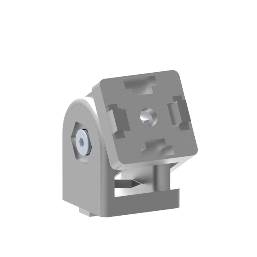 AME System heavy-duty hinge 40x40 in die-cast aluminium, size 60x40x40mm. Supports M8 bolts, rotates 180 degrees, perfect for strong T-slot connections.