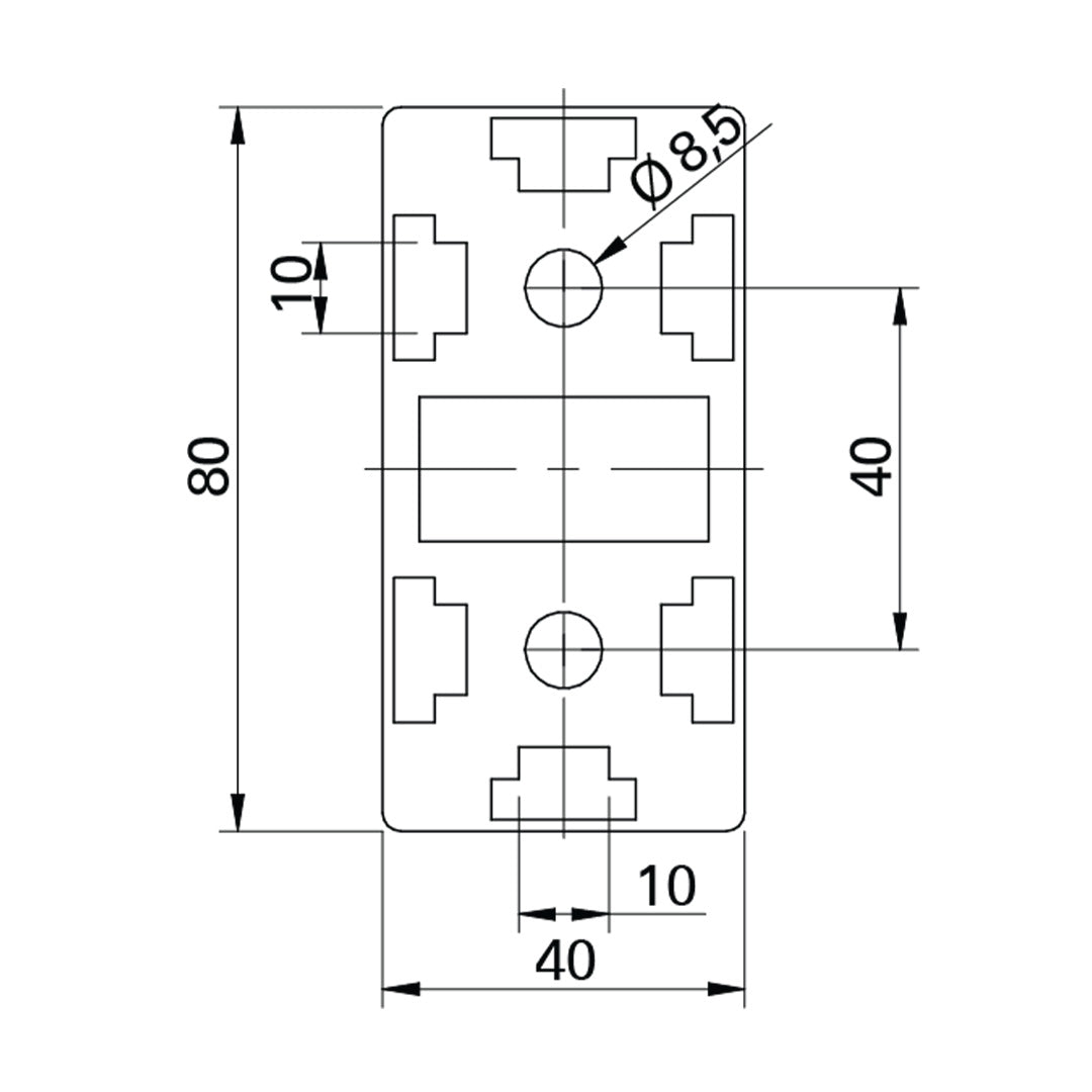 AME System heavy-duty hinge 40x80 in die-cast aluminium, size 100x80x40mm. Supports M8 bolts, rotates 180 degrees.