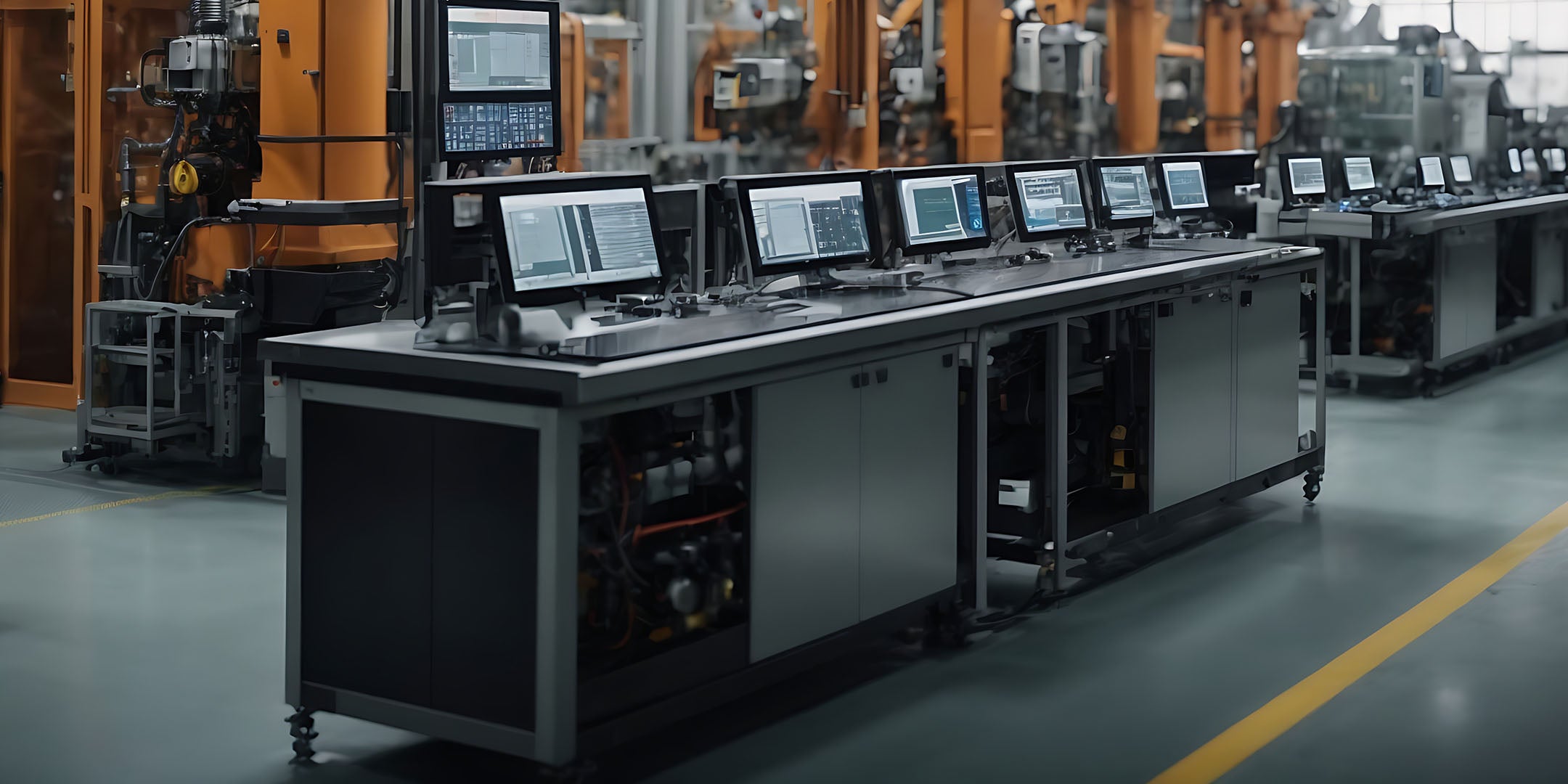 Control panel with multiple monitors in an industrial setting