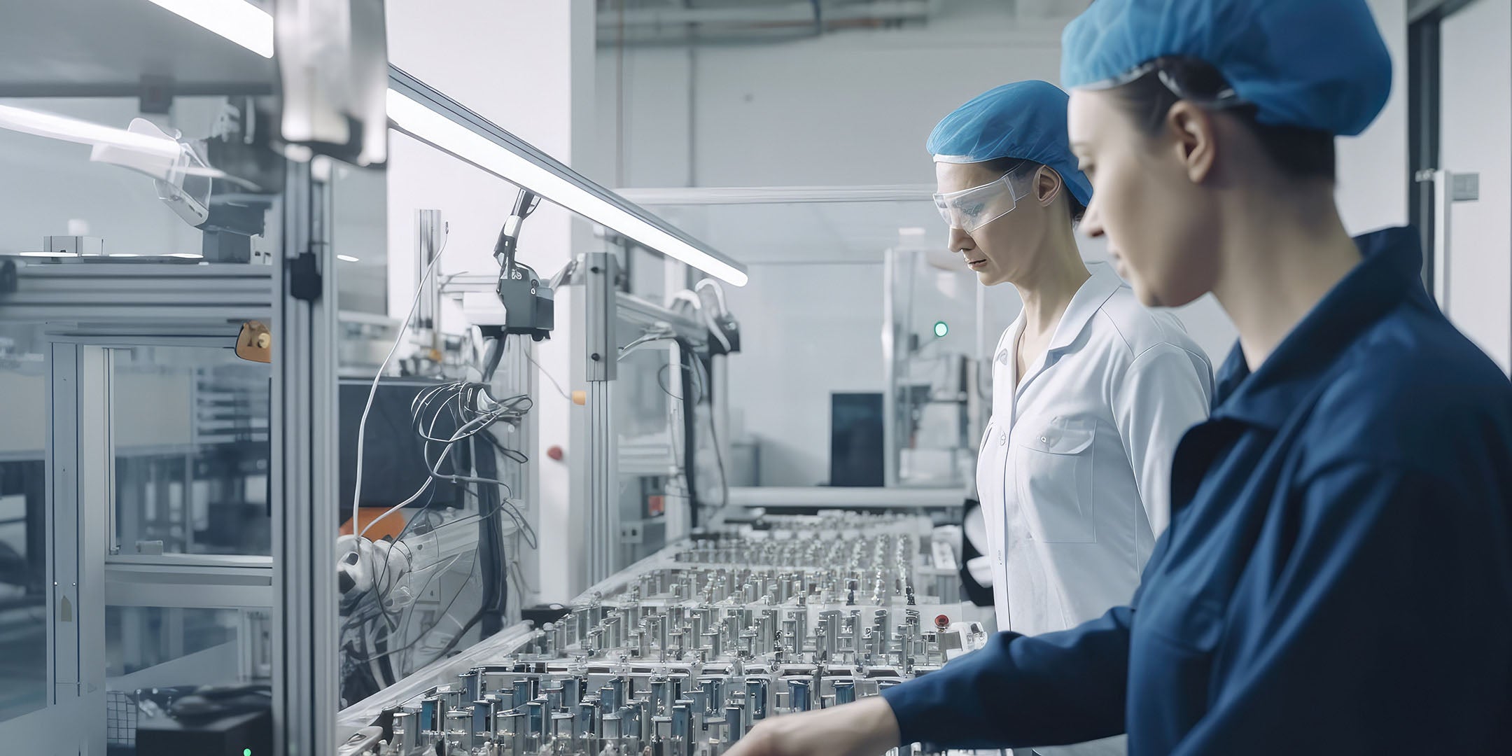 Two workers in a factory setting with machinery and products on a conveyor belt.