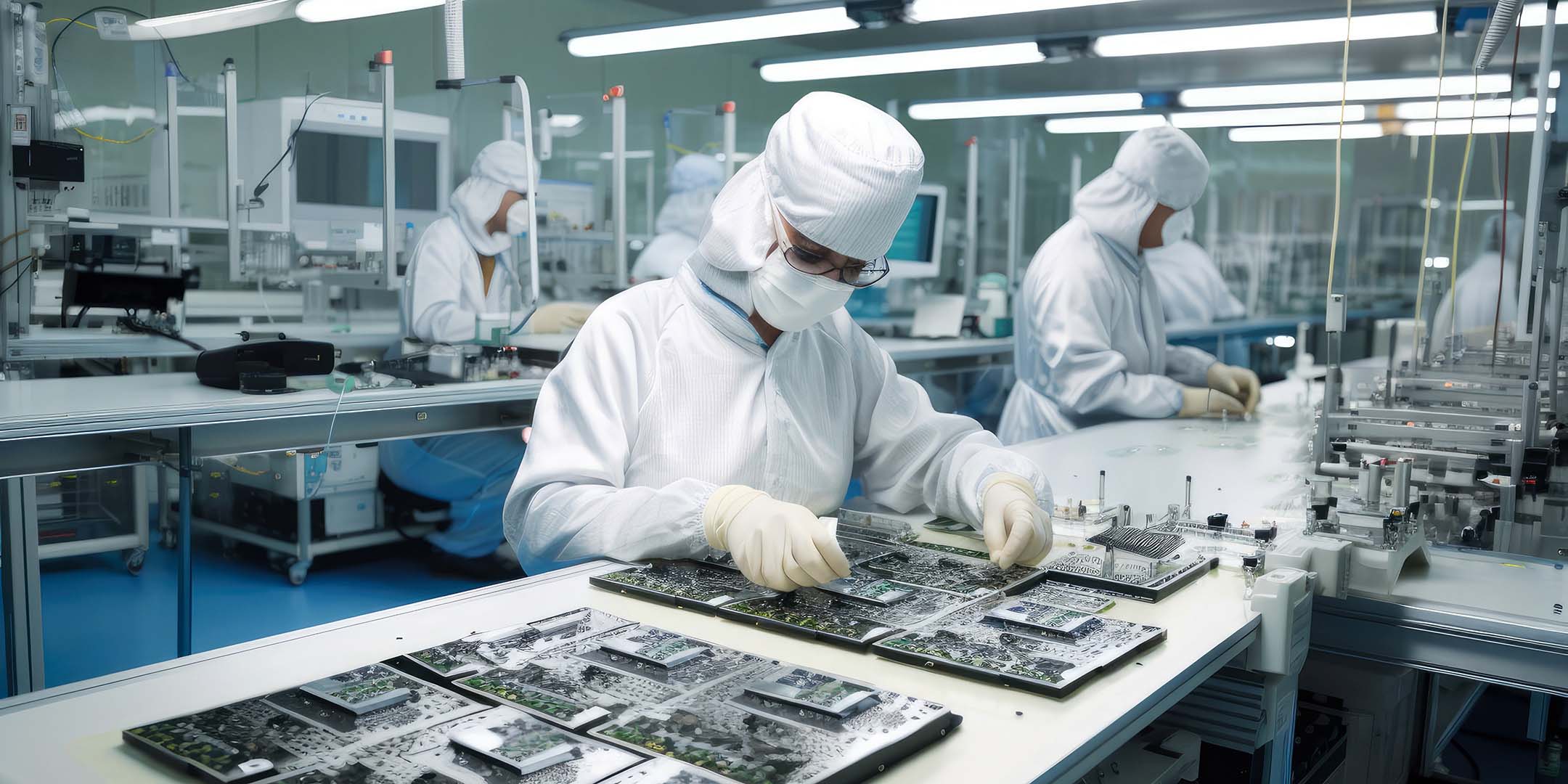 Workers in a factory setting assembling electronic components.