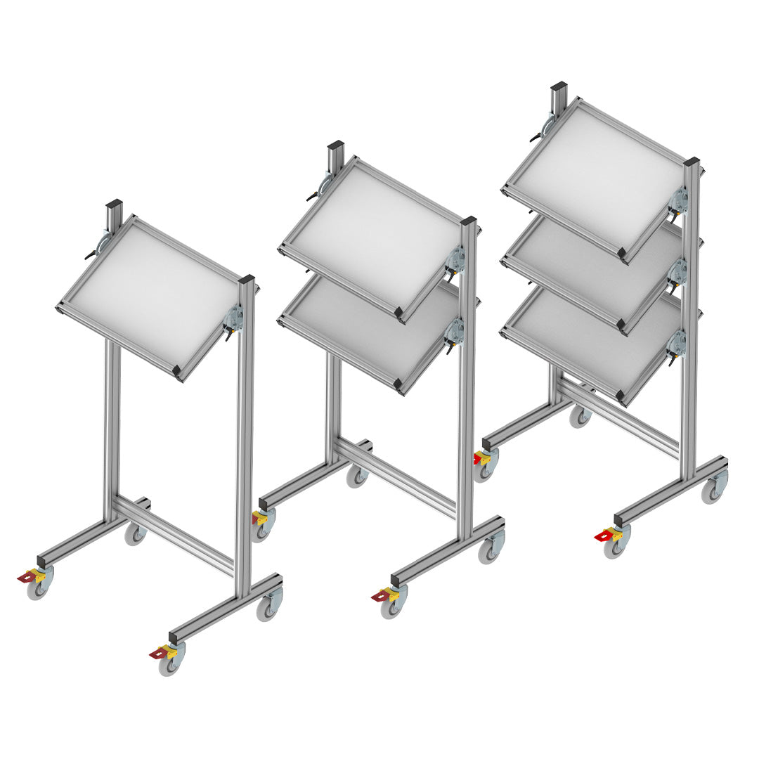 Three assembly trolleys with customisable shelves, an aluminium frame, and swivel castors for efficient material handling. Series 560