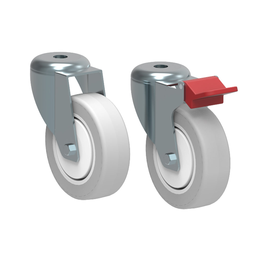 AME System Castor with Ø75mm rubber non-marking wheel for smooth movement. Bolt mounting, load capacity up to 90kg, available with or without brakes.