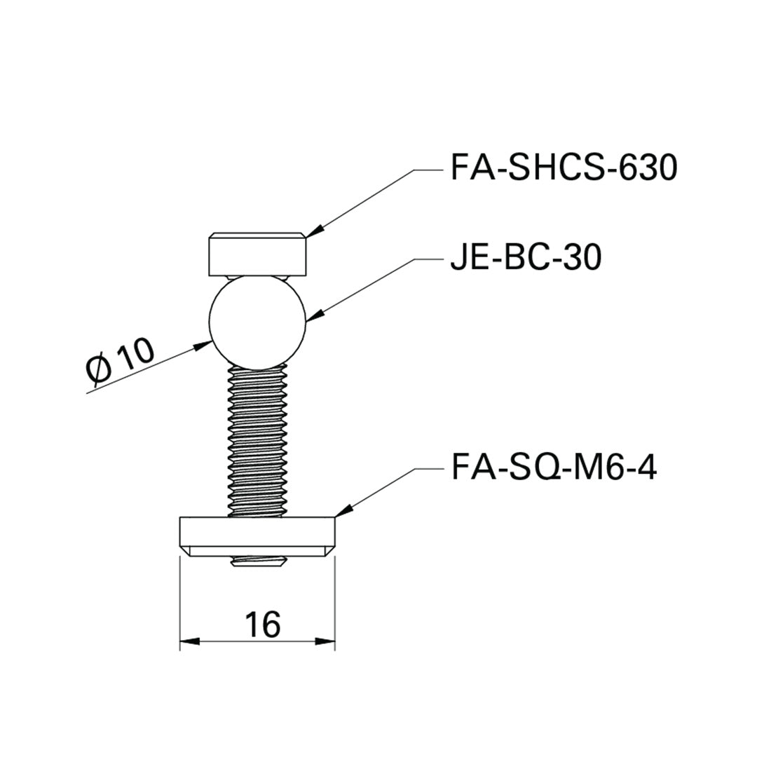 The Bolt Connector 30mm is specifically designed for T-slot profiles in the 30 Series, image shows all elements screwed together: the square washer, the bolt, and the pin all as a drawing datasheet