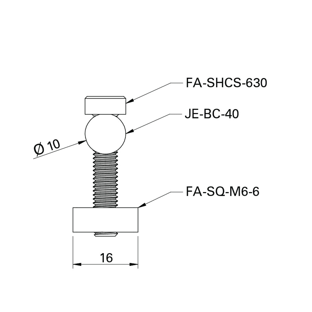 The Bolt Connector 40mm is specifically designed for T-slot profiles in the 40 Series, image shows all elements screwed together: the square washer, the bolt, and the pin all as a drawing datasheet