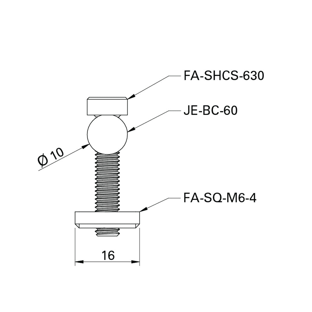The Bolt Connector 60mm is specifically designed for T-slot profiles in the 30 Series, image shows all elements screwed together: the square washer, the bolt, and the pin all as a drawing datasheet