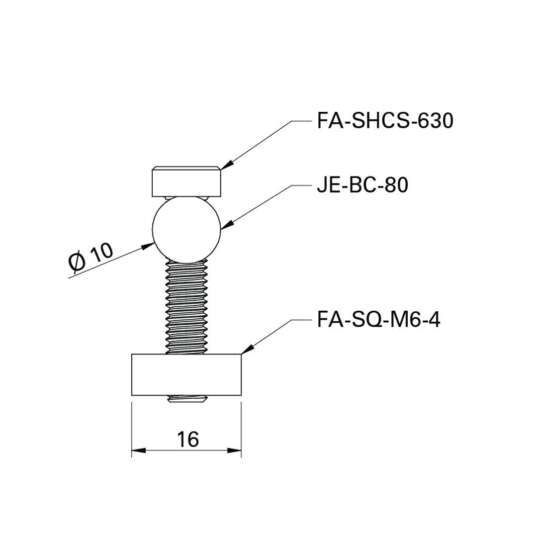 The Bolt Connector 80mm is specifically designed for T-slot profiles in the 40 Series, image shows all elements in the datasheet, drawing format with SKU and diameter added