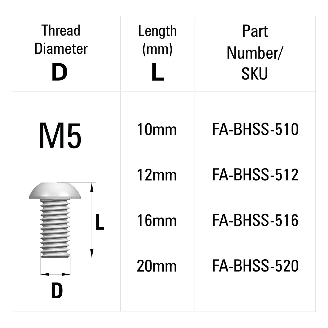 AME System Button Head Socket Screws (BHSS) M5: Durable, low-profile fasteners for industrial use. Available in multiple lengths for versatile applications. Table with Fasteners.