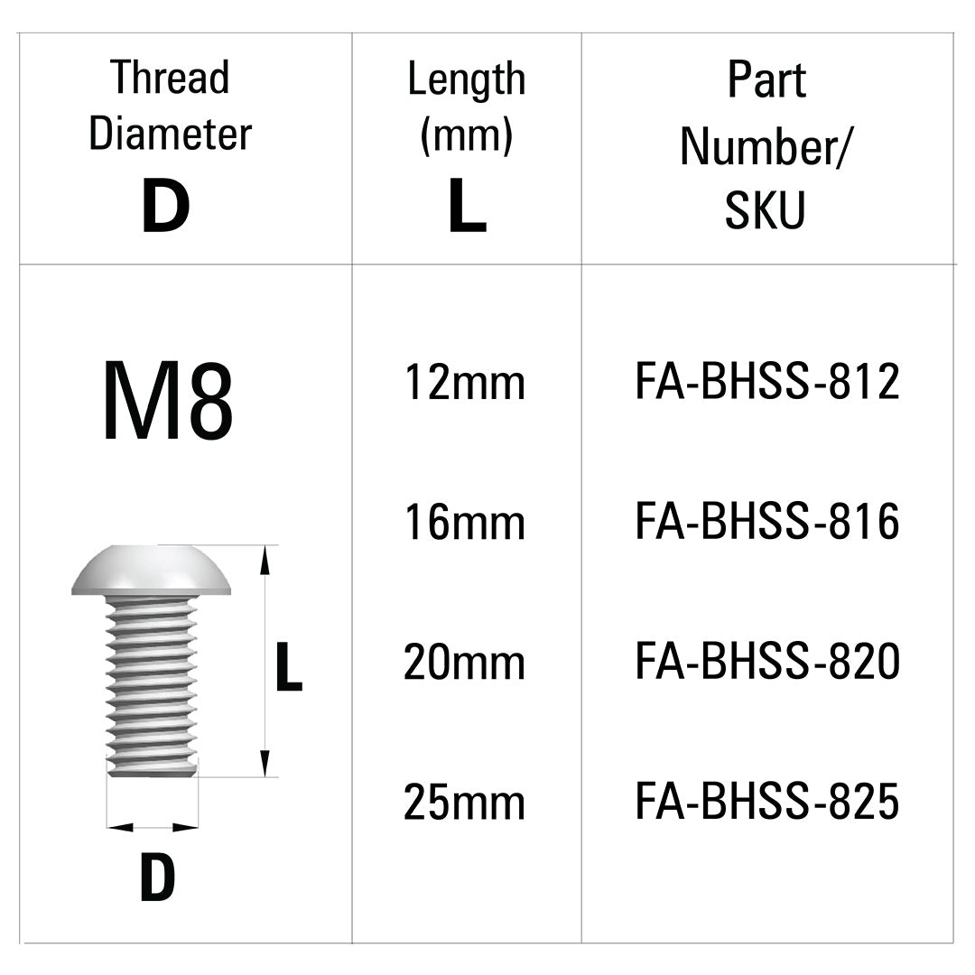 AME System Button Head Socket Screws (BHSS) M8: High-strength fasteners for mechanical applications. Zinc-plated, available in various lengths. Table with fasteners sizes.
