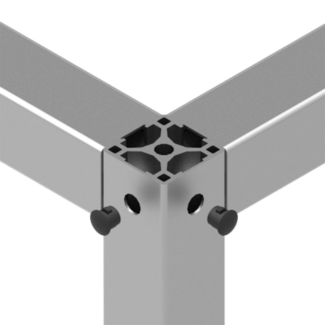 AME System 8mm plug for T-slot profiles, PVC cover for access holes. Available in black or grey for a tidy, professional finish. In assembly.