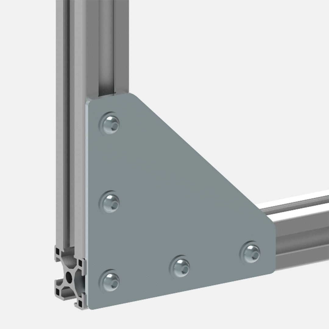 AME System L-type bracing plate for T-slot profiles, 120x120mm, 3mm zinc-plated mild steel with 5 mounting holes for M6 and M8. In Assembly.