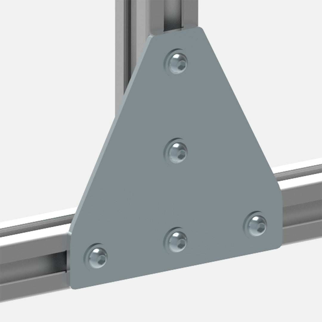 AME System T-slot profile connection bracing steel plate, 120x120mm, 3mm zinc-plated mild steel for reinforced corner connections. In Assembly.