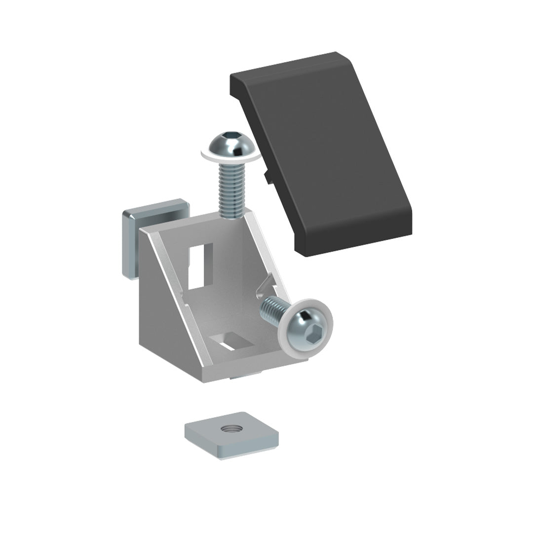 AME System aluminium corner bracket 30x30 with cover for 30 series, die cast aluminium, M6 mounting slots. With bolts