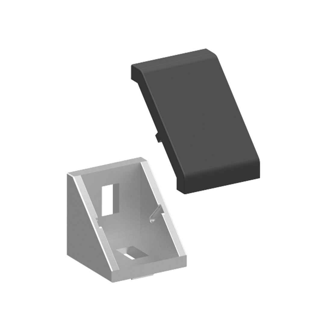 AME System aluminium corner bracket 30x30 with cover for 30 series, die cast aluminium, M6 mounting slots.