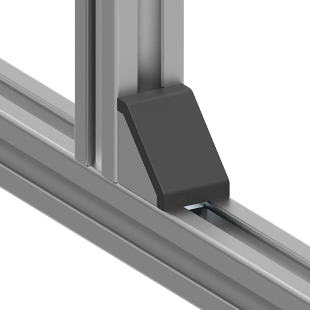 AME System aluminium corner bracket 30x30 with cover for 30 series, die cast aluminium, M6 mounting slots. In assembly.