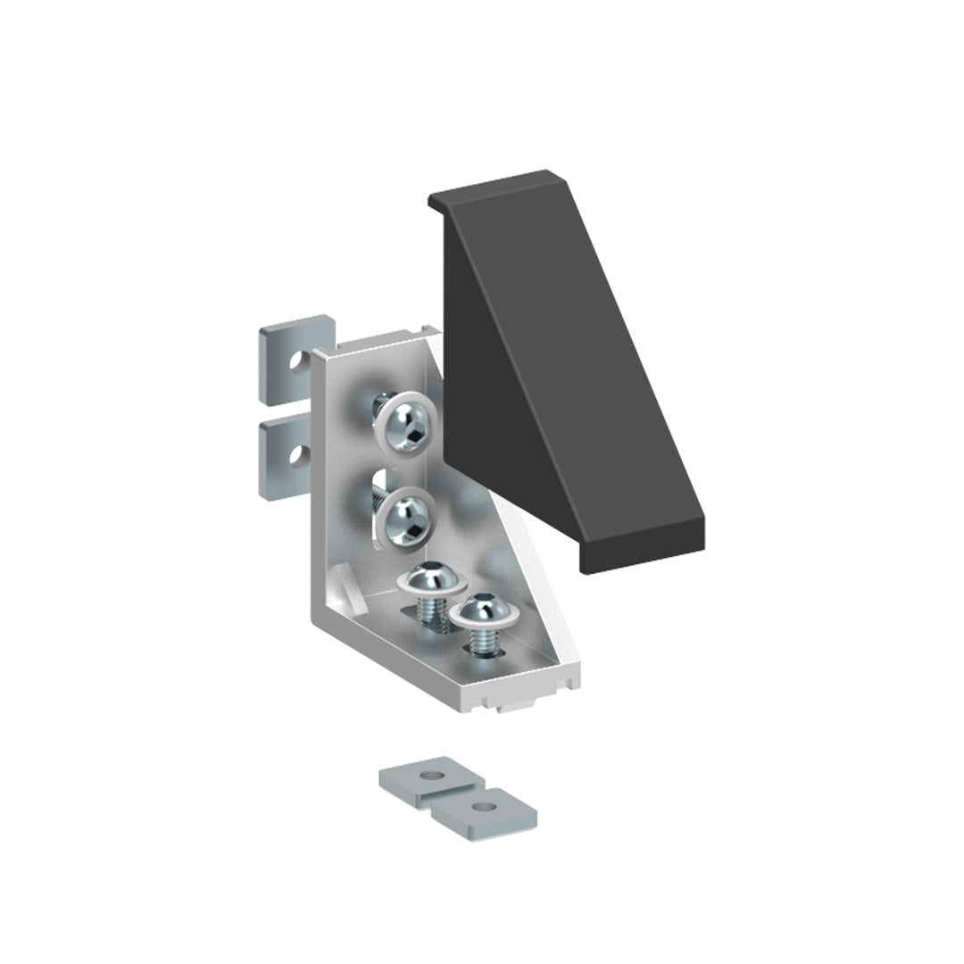 AME System aluminium corner bracket with cover for 30 series, 58x58mm, die cast, ideal for heavy-duty assemblies. With fasteners.