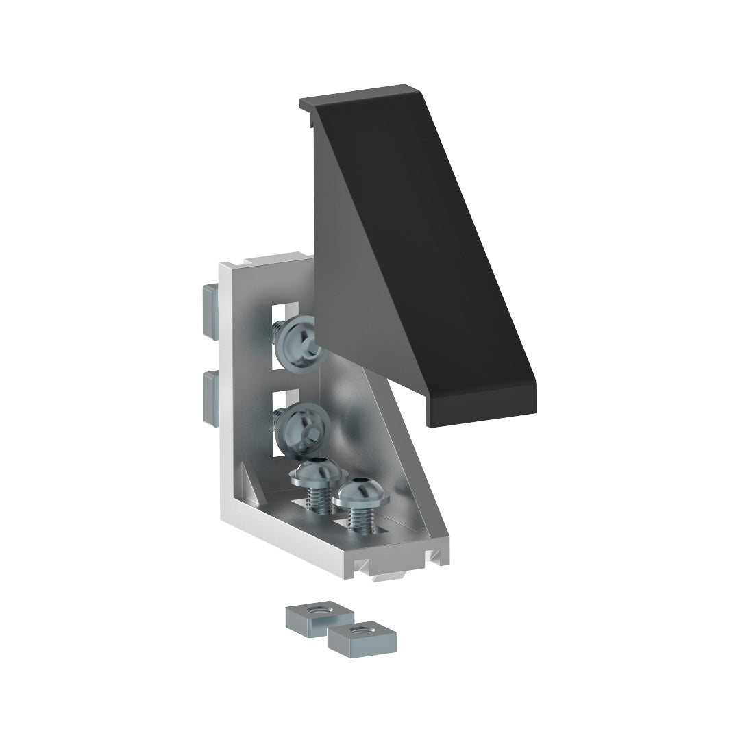 AME System aluminium corner bracket with cover for 40 series, 80x80mm, die cast ideal for heavy-duty assemblies. With fasteners here.