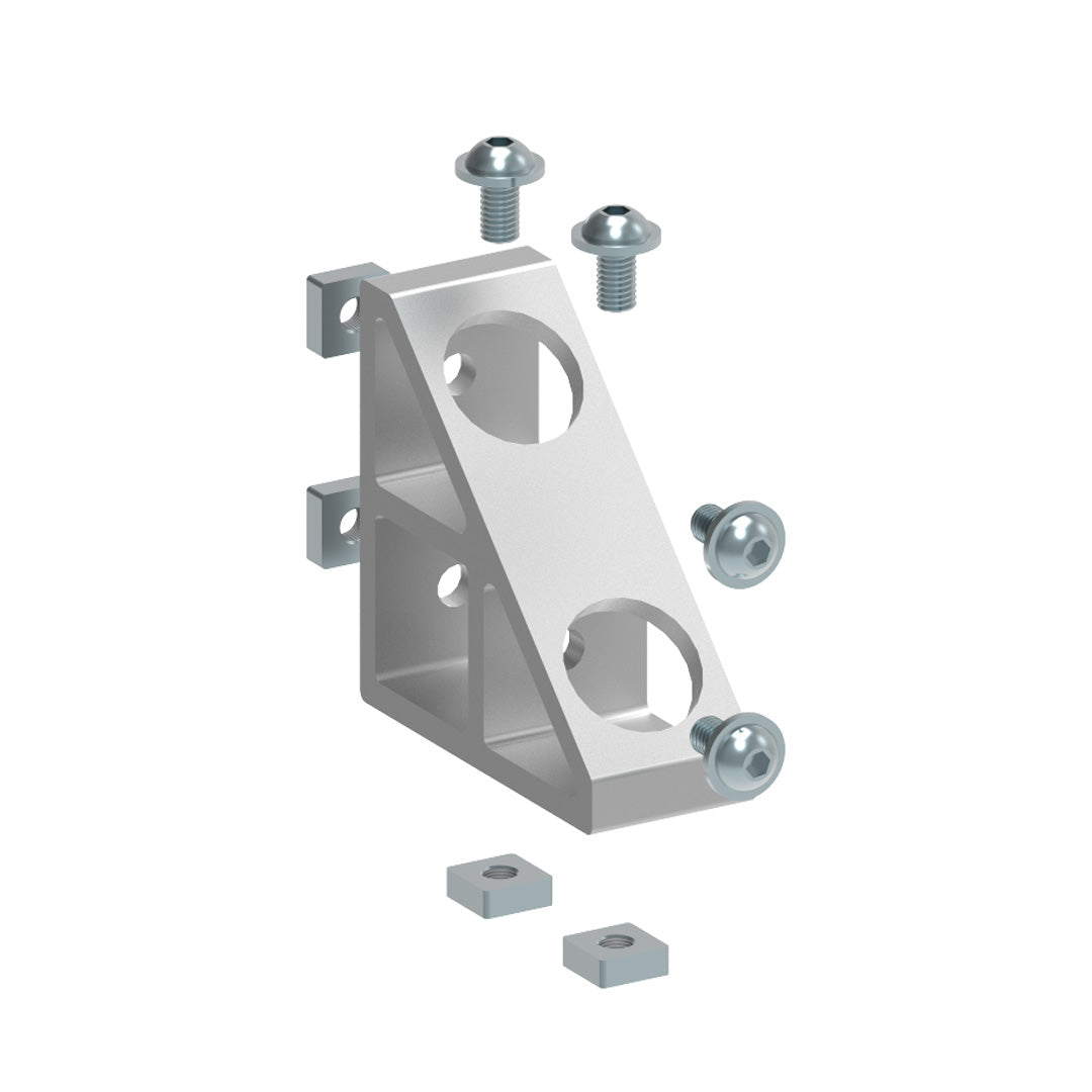 AME System aluminium corner bracket for 40 series, 90x90mm, die cast with natural anodised finish, suitable for heavy-duty assemblies. Here with fasteners.