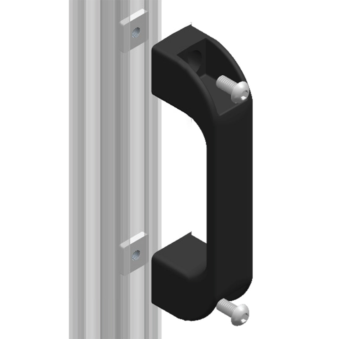 AME System D-Handle in black PVC for T-slot profiles, dimensions 140x40x25mm, suitable for 30 and 40 series, ergonomic grip.