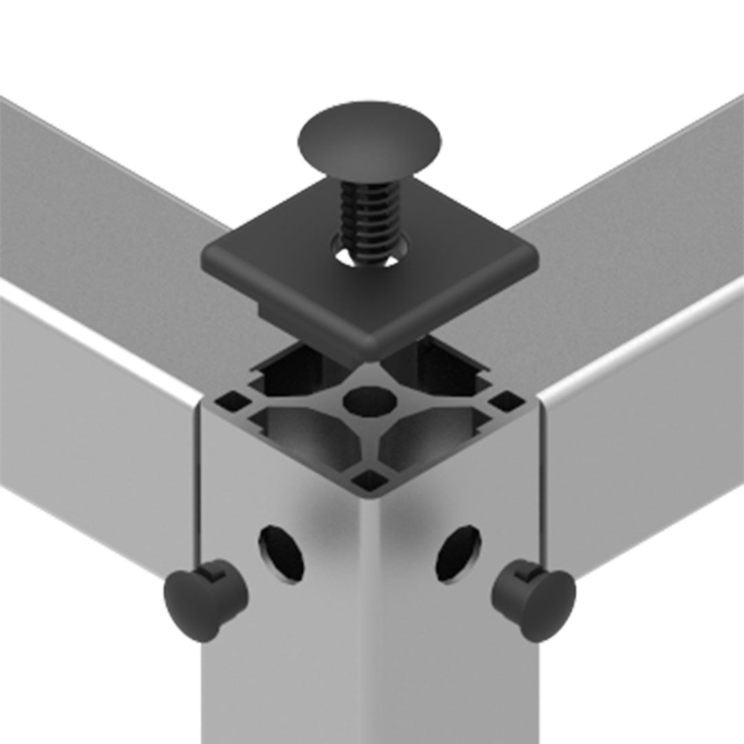 AME System 8mm plug for T-slot profiles, PVC cover for access holes. Available in black or grey for a tidy, professional finish. In assembly.