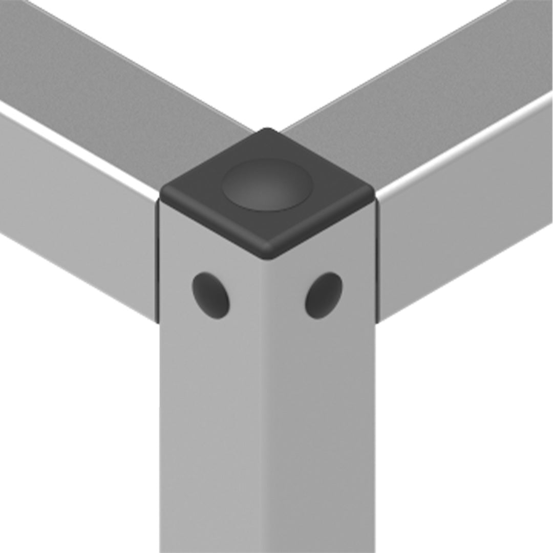 AME System 8mm plug for T-slot profiles, PVC cover for access holes. Available in black or grey for a tidy, professional finish. In assembly.