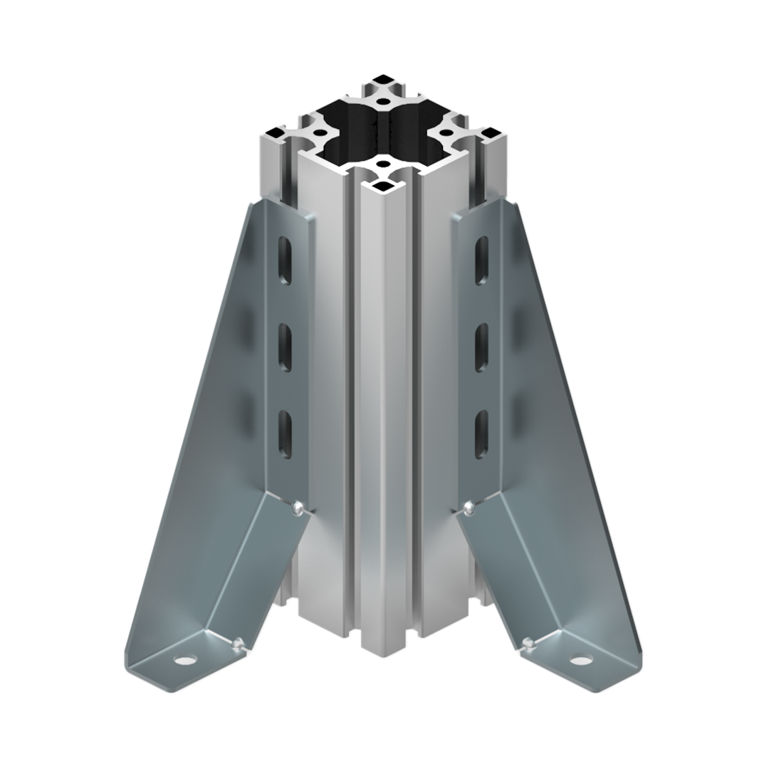 Steel Foundation Floor Bracing Bracket LHS (Left-Hand Side) & RHS (Right-Hand Side) is used to provide critical support and stabilisation for floor systems in construction projects. Here presented with 80x80 profile assembly - 3D aluminium colour